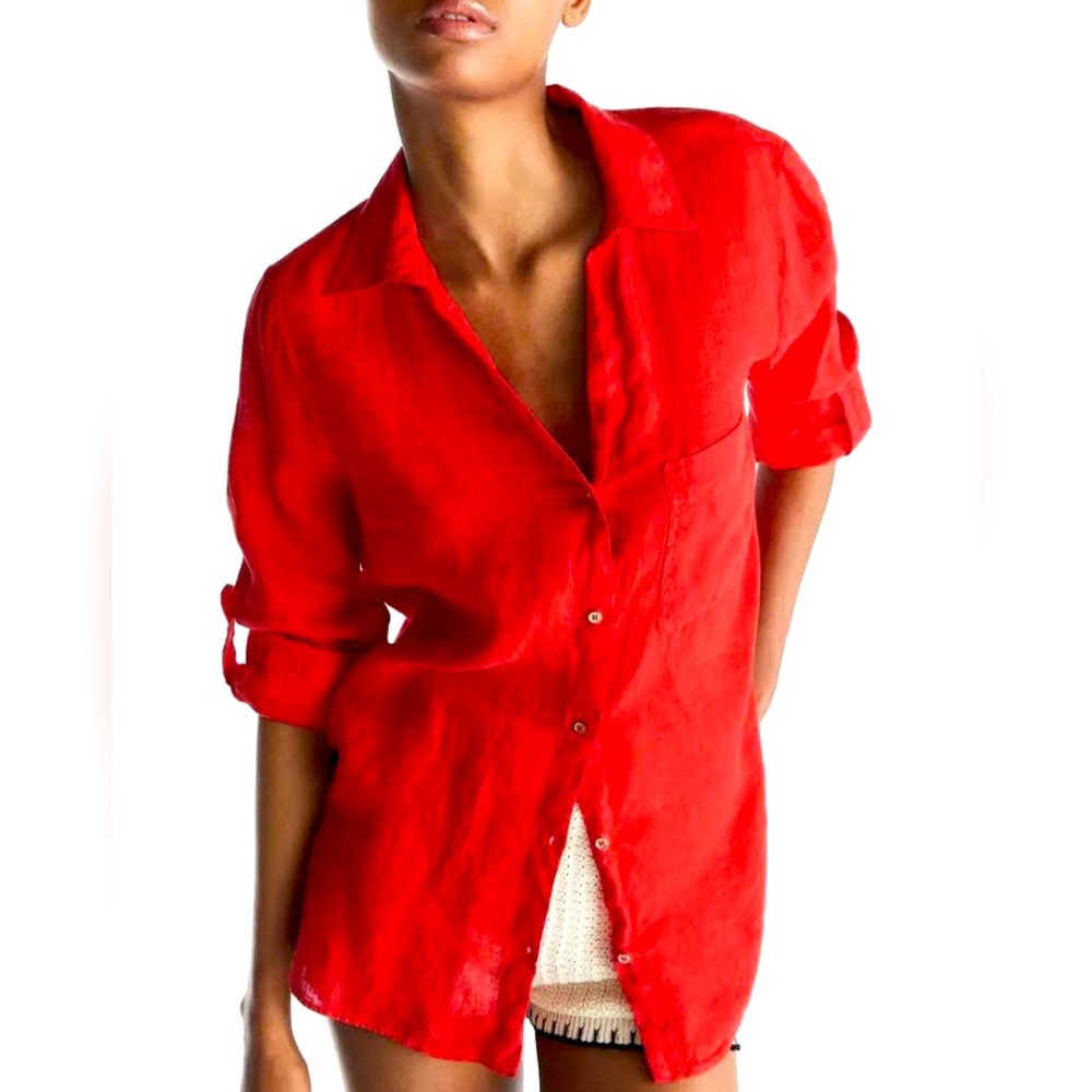 ZARA Red Linen Button Front Shirt Small NWT 3/4 Sleeve Casual Light Basic